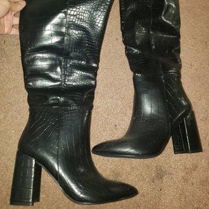 Over The Knee Leather Croc High Heel Black Booties *BRAND NEW*